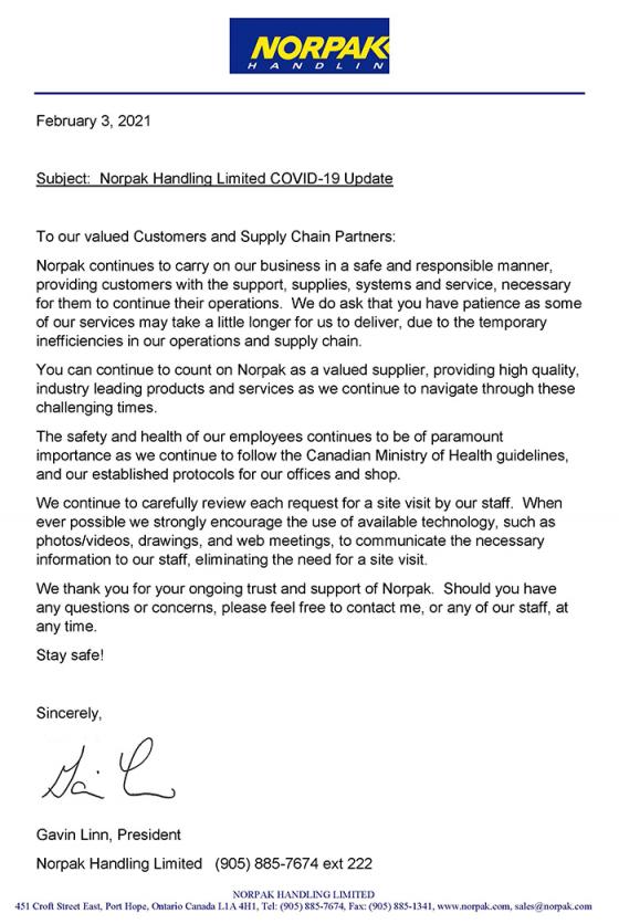 Norpak Handling Limited COVID-19 Update - February 2021 Norpak Handling Limited COVID-19 Update - February 2021