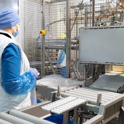 Operator at a roller conveyor on a food production line