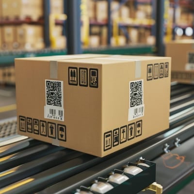 Labelled parcel travelling on a conveyor in a courier facility