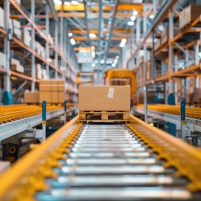 Carton on a roller conveyor between warehouse racking
