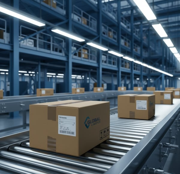 Cartons moving along roller conveyors in a distribution centre