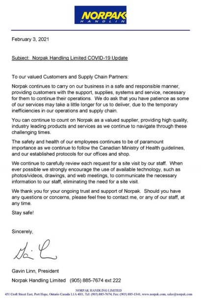 Norpak Handling Limited COVID-19 Update - February 2021